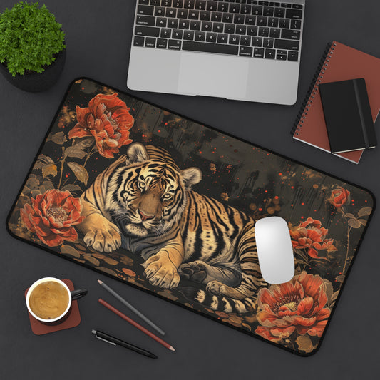 Art Deco Tiger Floral Leopard Print Desk Mat - Gamer Keyboard Mouse Pad - Office Decor Gift, Desk Mats, Home Office Accessories, Gaming Desk