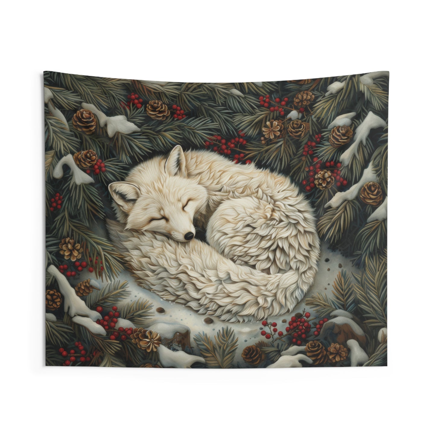 Tapestry of Art Deco Winter Arctic Fox, William Morris Inspired Decorative Indoor Wall Tapestries, Cozy Home Decor