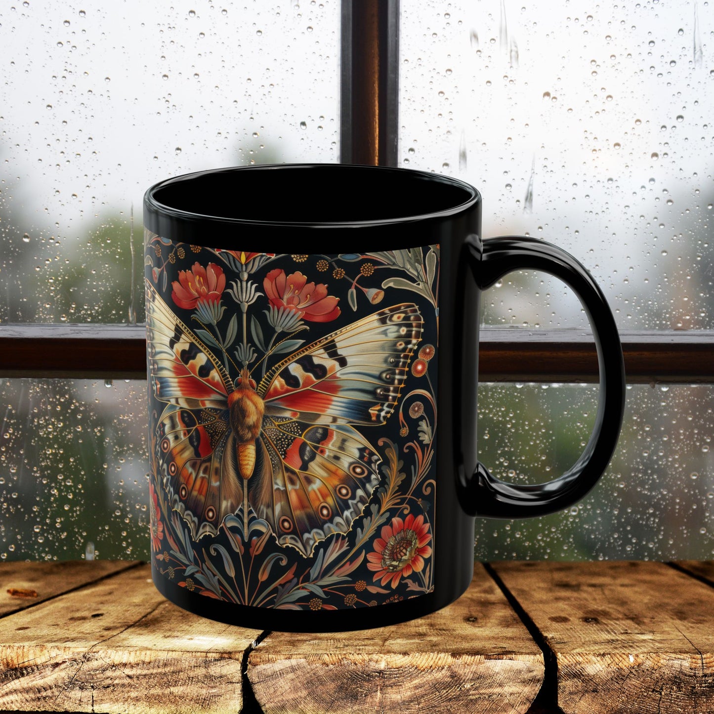William Morris Inspired Botanical Butterfly Black Mug 11 oz. , 15 oz