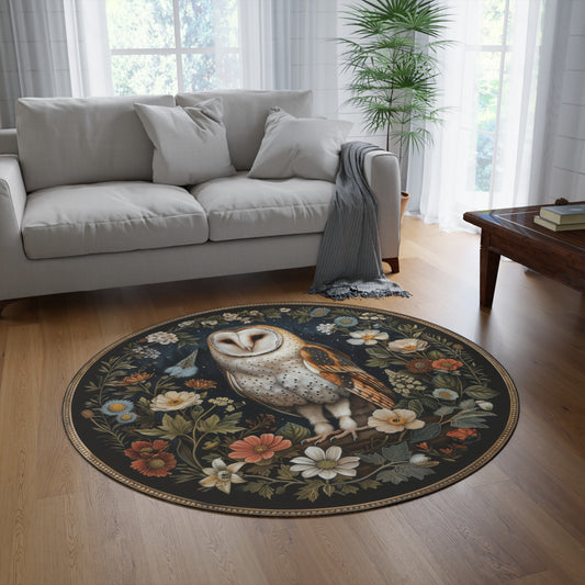 Woodland Barn Owl Botanicals Round Area Rug William Morris Inspired Cottagecore Decor, Housewarming Gift