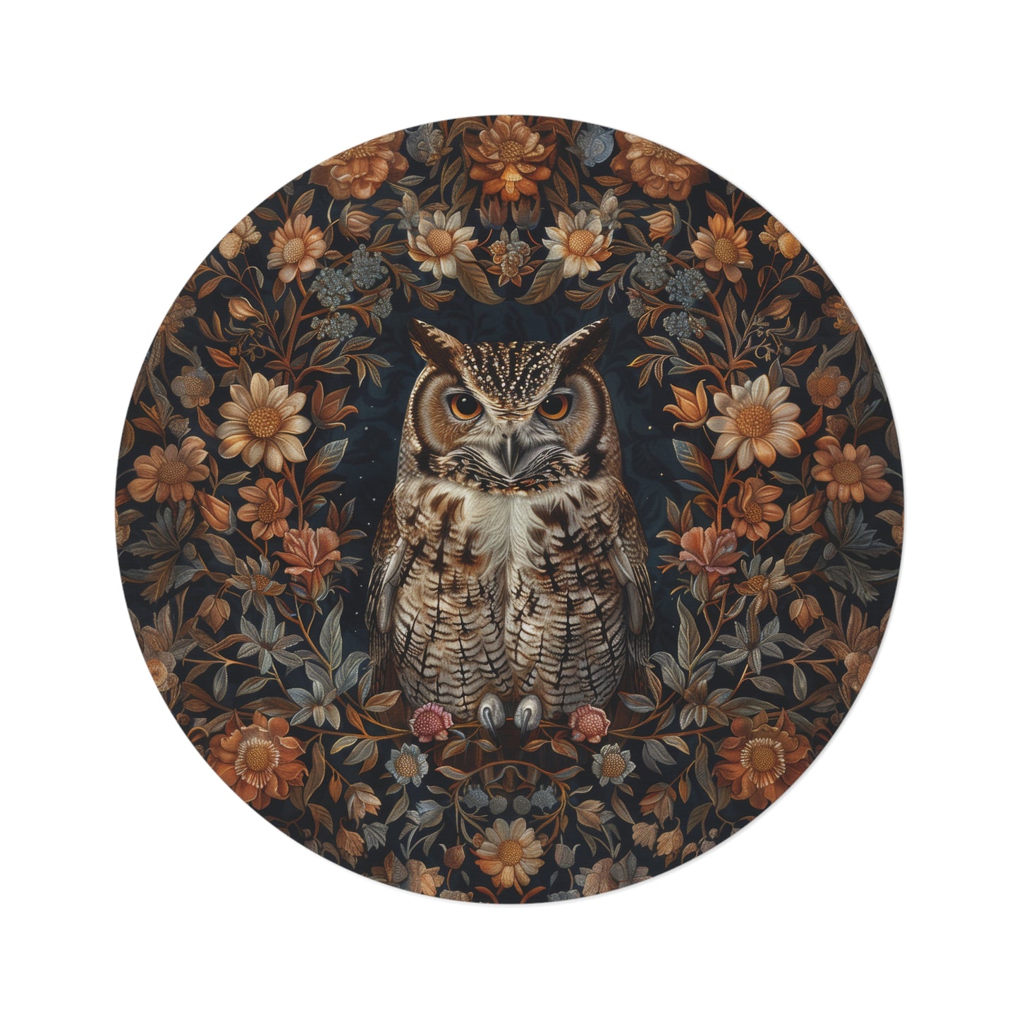 Botanical Screech Owl Round Rug, William Morris Inspired Owl Home Decor, Owl Round Area Rug