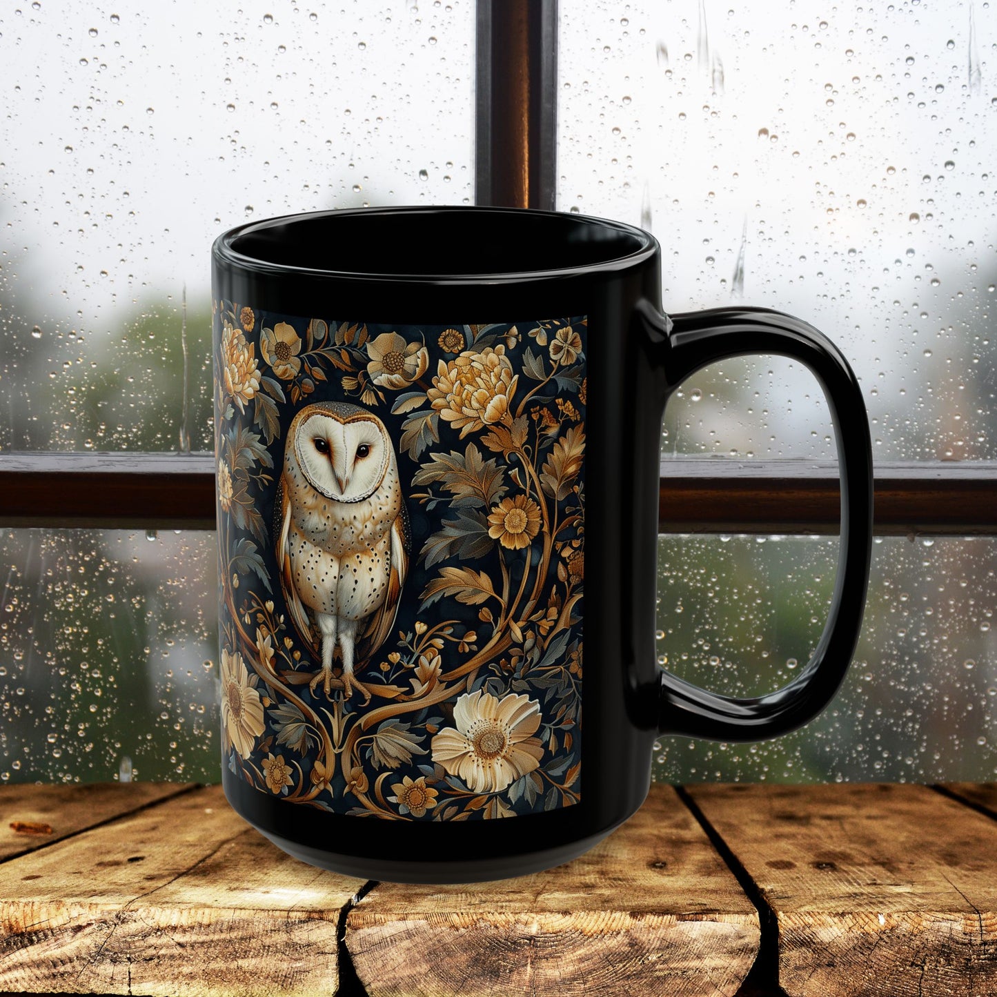 William Morris Inspired Botanical Barn Owl Black Coffee Mug | Mystical Owl Black Mug 11oz, 15 oz