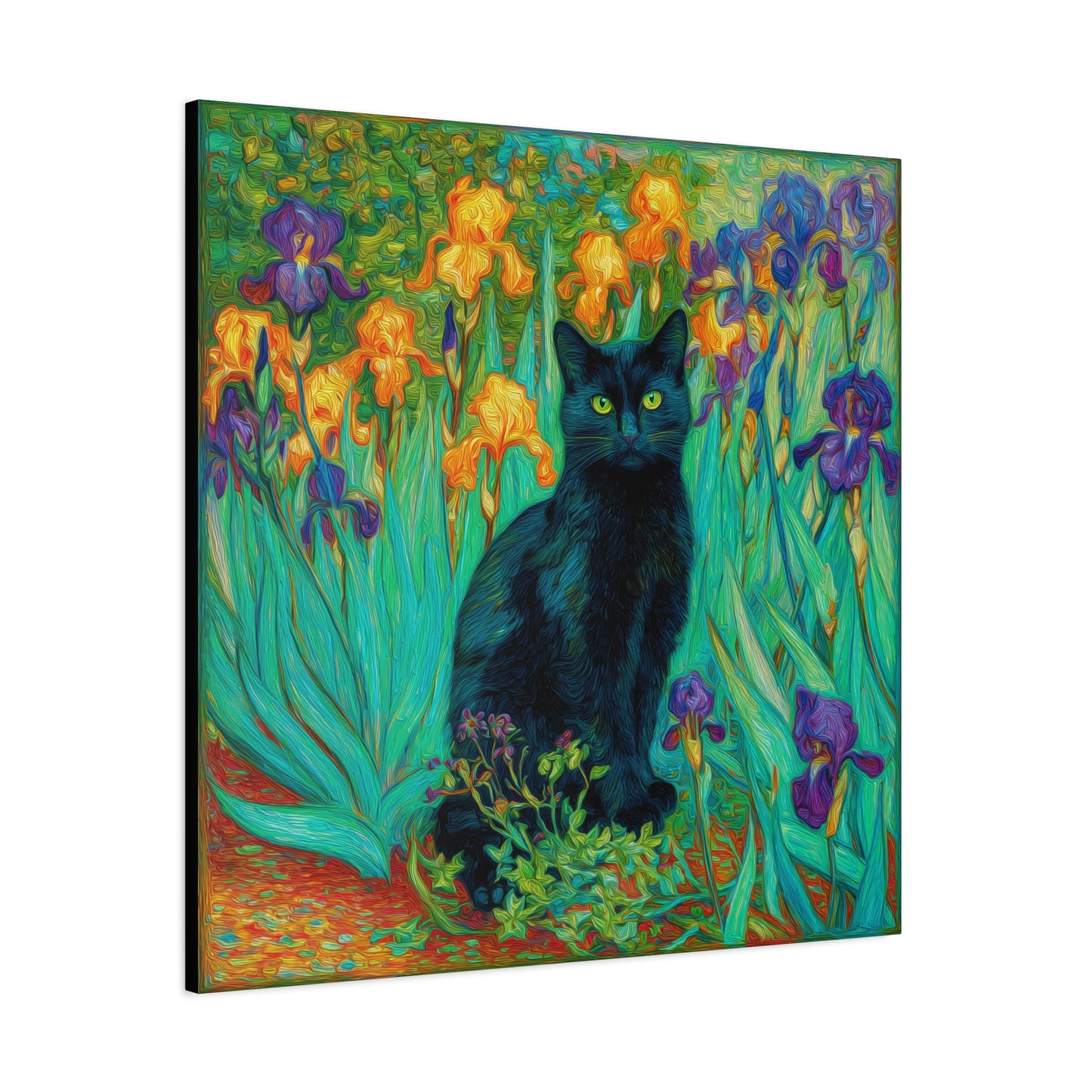 Black Cat Among Irises, Vibrant Floral Canvas Wall Art, Matte Stretched Canvas 1.25"