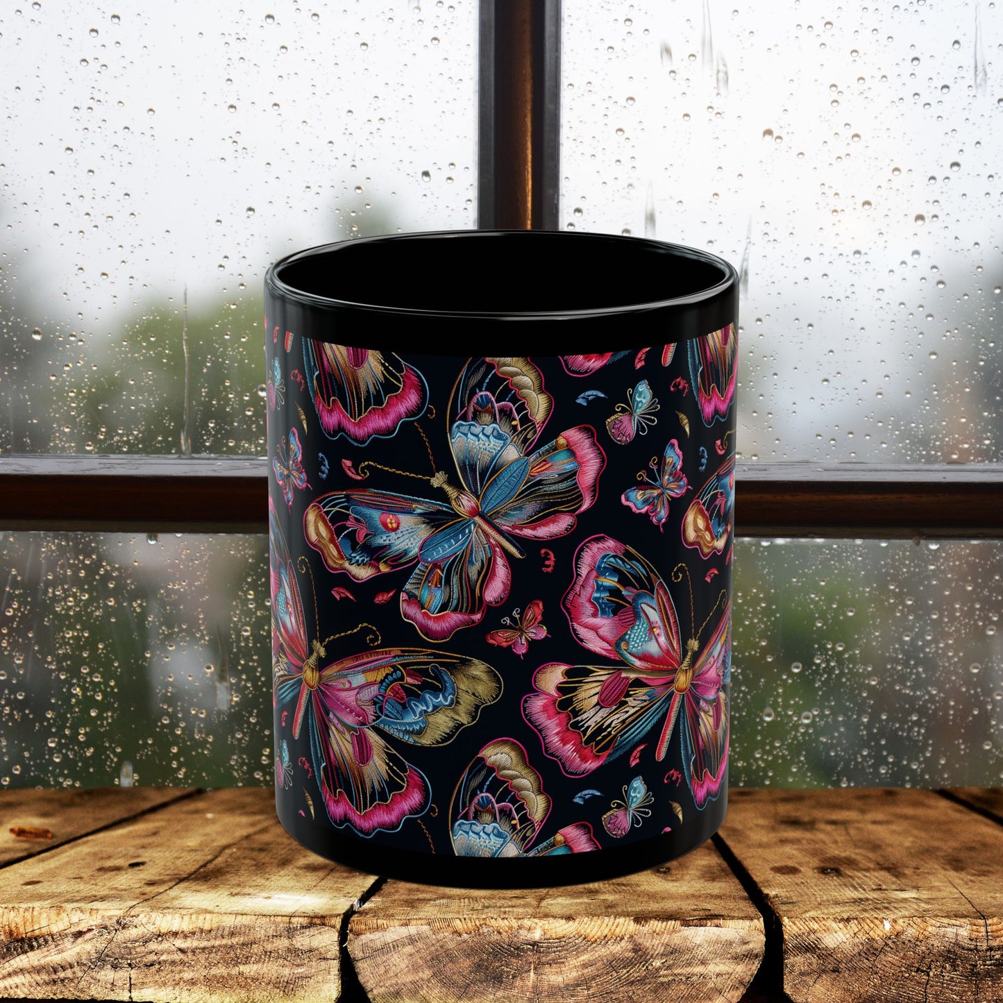 Pink Blue Butterfly Pattern Black Coffee Mug | Gift for Bird Lover Coffee Mug 11oz, 15oz