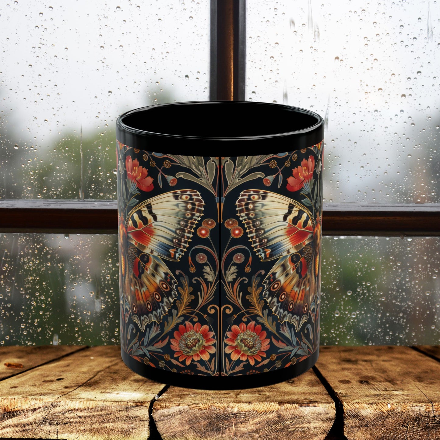 William Morris Inspired Botanical Butterfly Black Mug 11 oz. , 15 oz