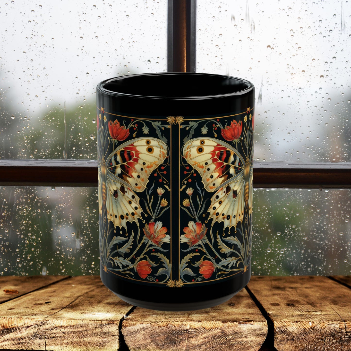 William Morris Inspired Botanical Night Butterfly Black Mug 11oz, 15 oz