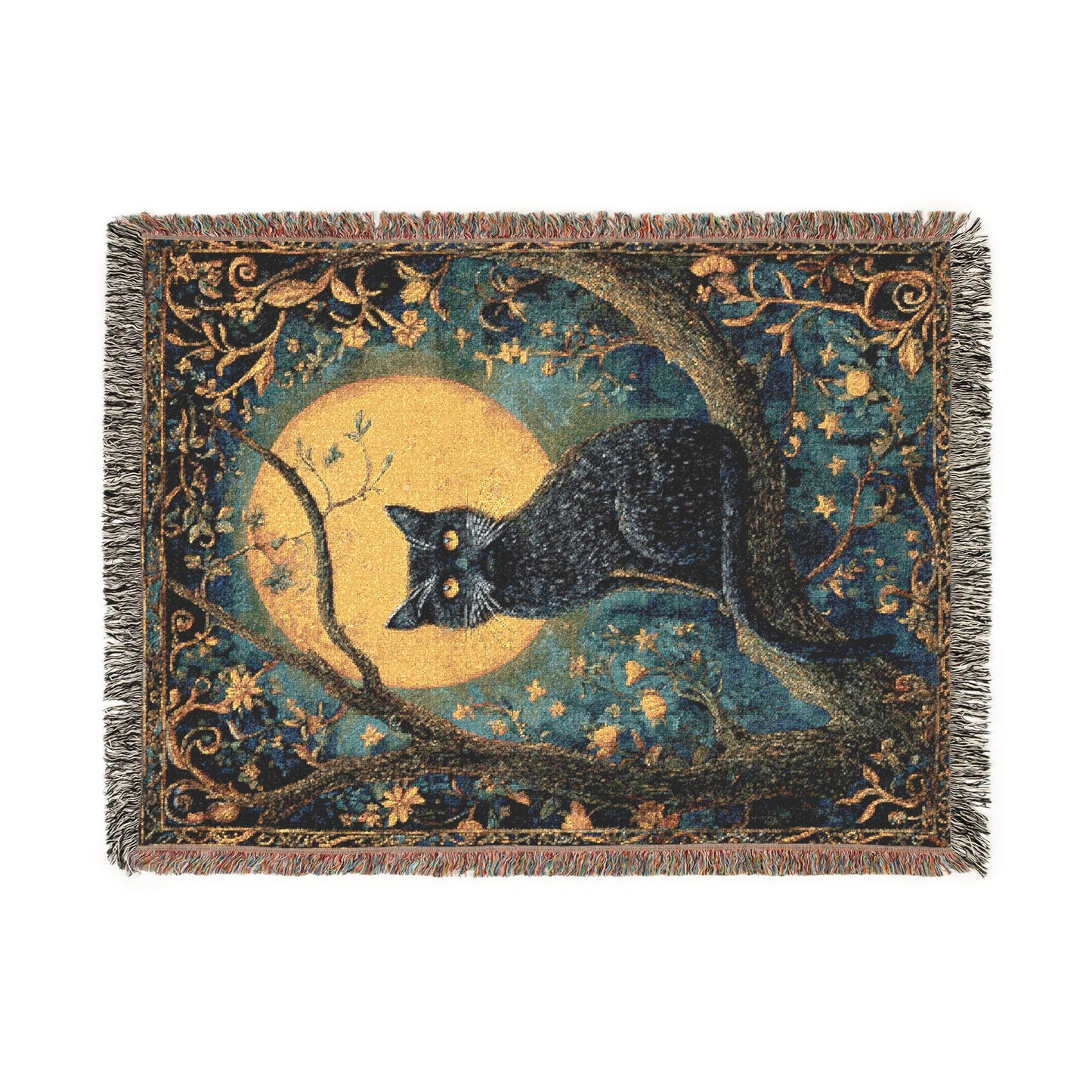 Mystic Moon Cat Woven Blanket, Black Cat Tapestry Style Throw, Celestial Night Decor