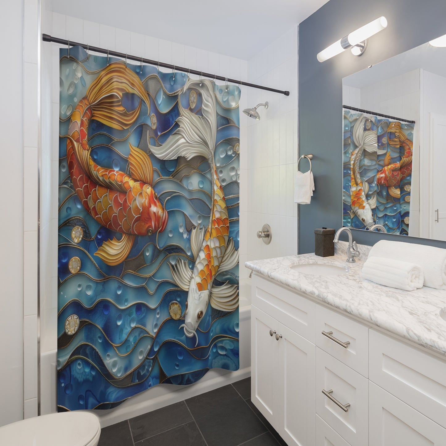 Stained Glass Koi Fishes Blue Wave Polyester Shower Curtain
