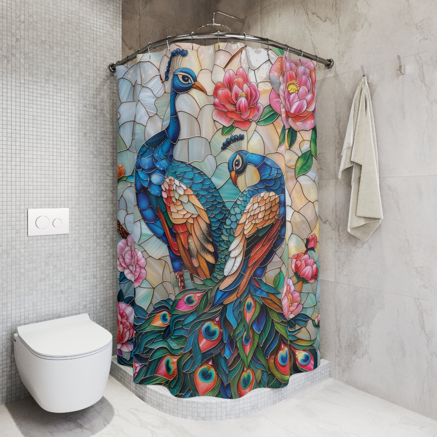 Faux Stained Glass Peacock Couple Print Shower Curtain, Housewarming Gift