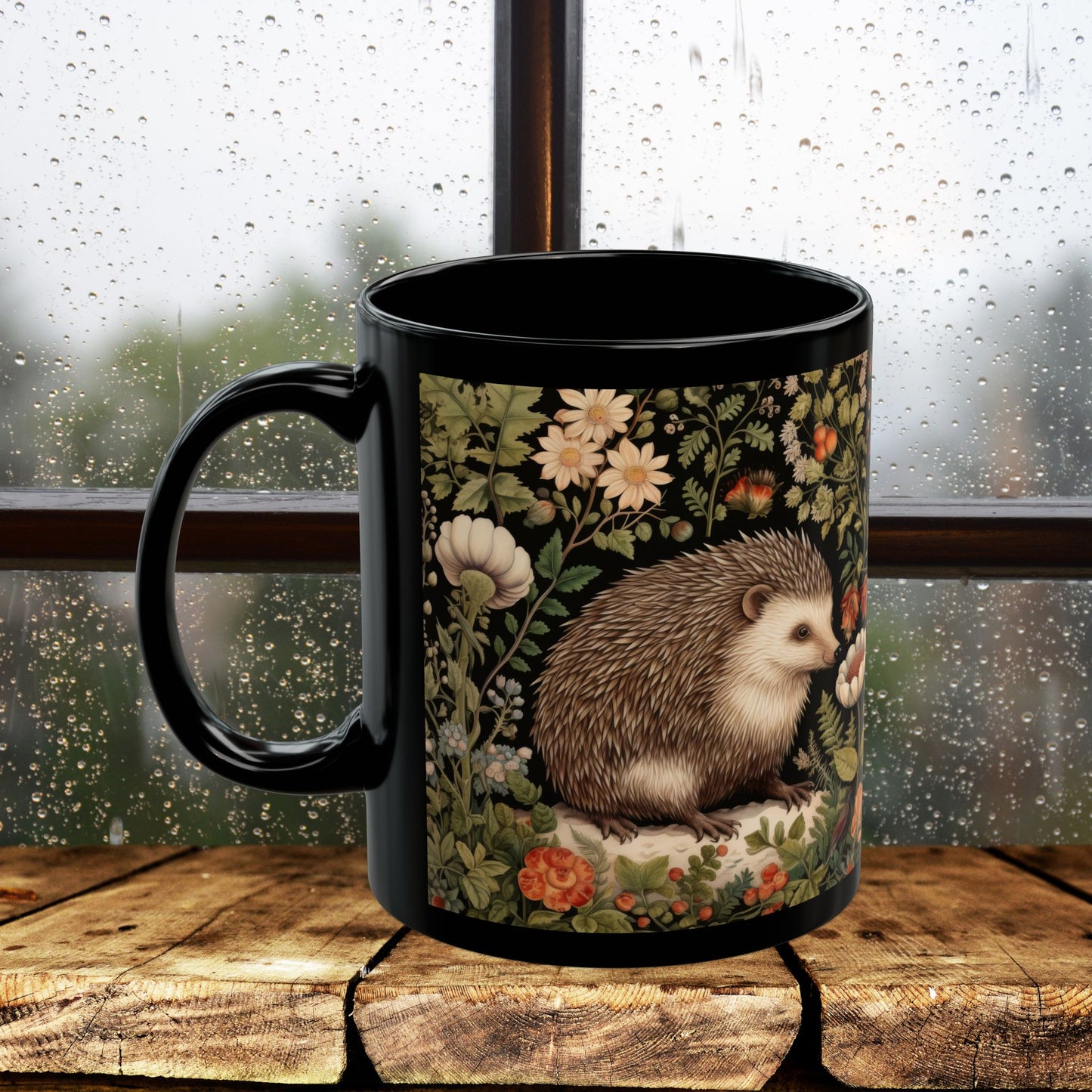 William Morris Inspired Botanical Hedgehog Black Coffee Mug For Her Him Ceramic Mug Black Mug 11oz, 15oz