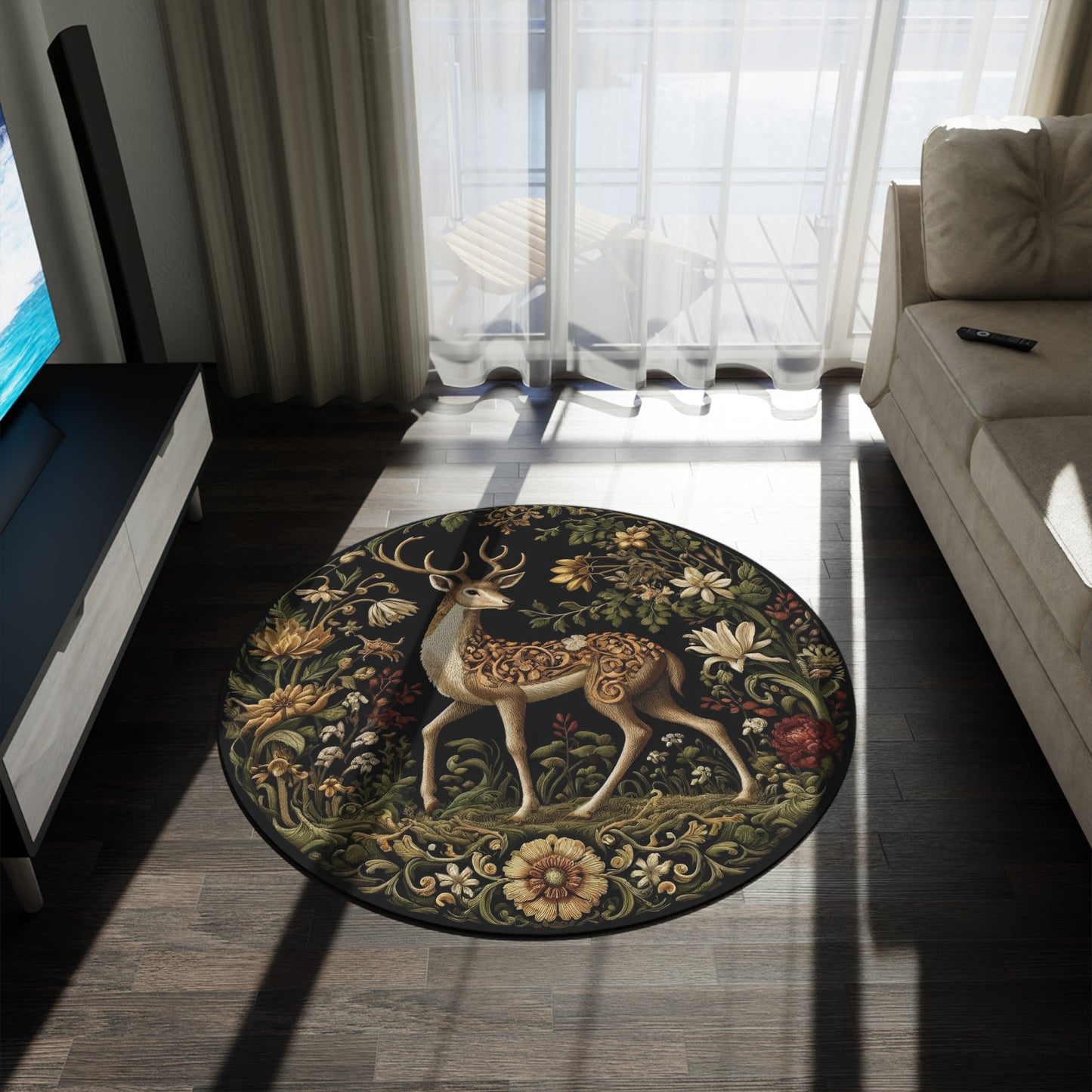 Elegant Deer Themed Round Rug, Bohemian Decor, Nature Inspired Home Accent, Floral Area Rug, Gift for Nature Lovers