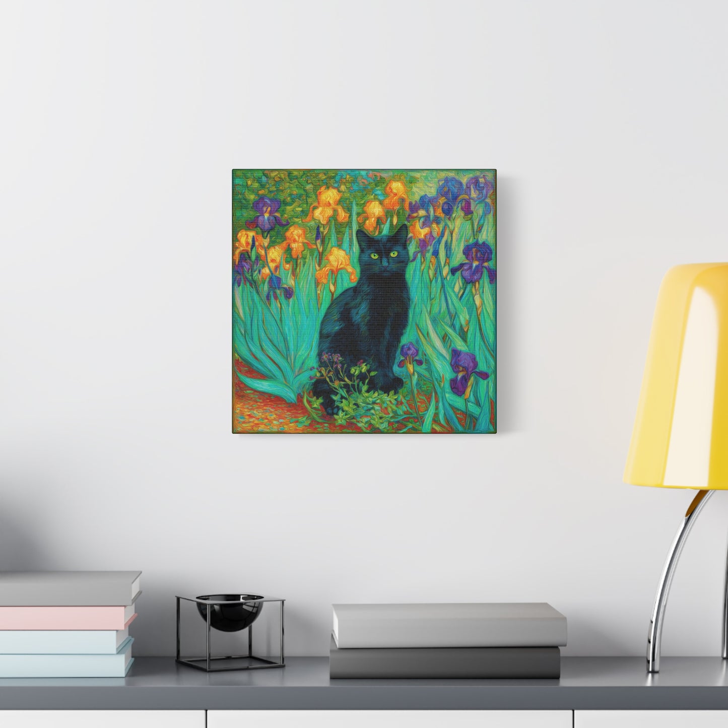 Black Cat Among Irises, Vibrant Floral Canvas Wall Art, Matte Stretched Canvas 1.25"