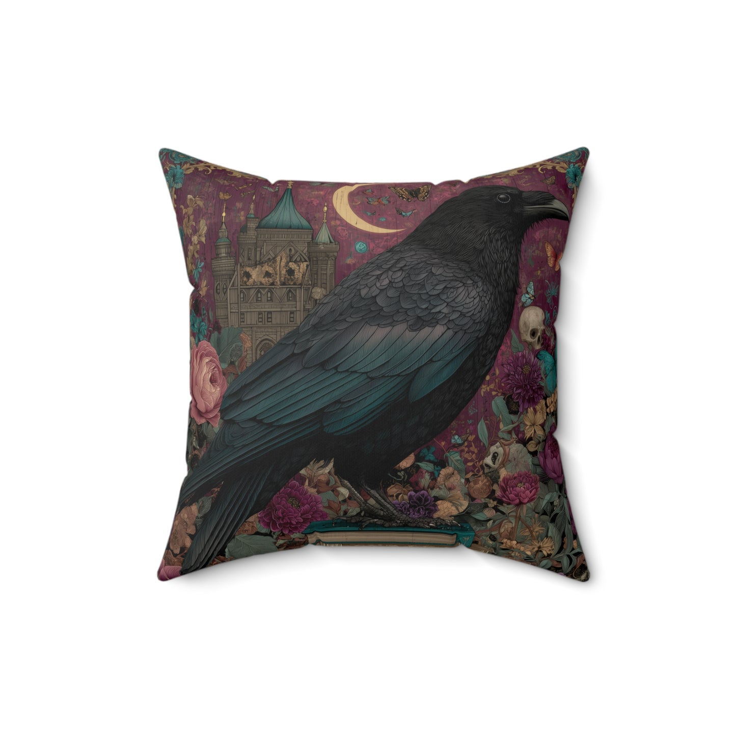 Mystical Raven Gothic Pillow with Floral Castle Art, Spooky Halloween Decor, Dark Academia Throw Pillow