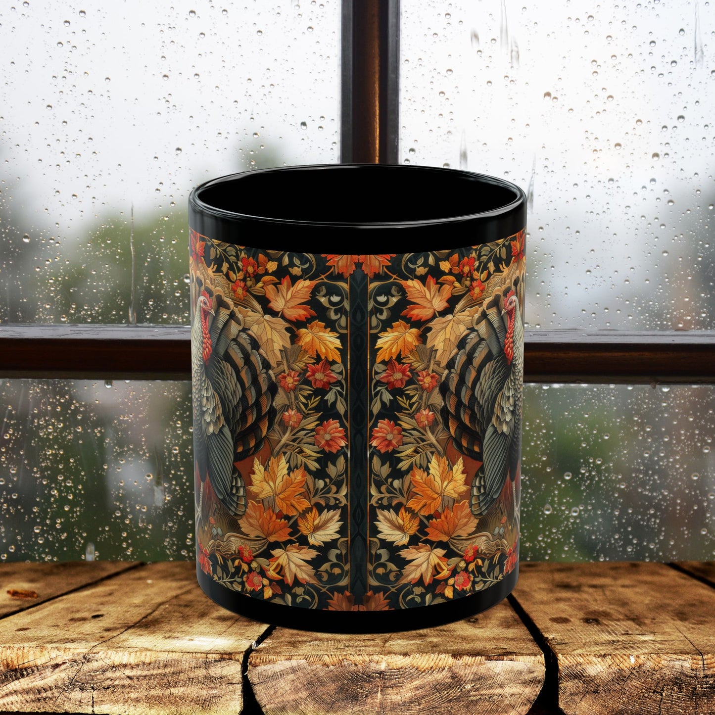 Fall Turkey William Morris Inspired Black Coffee Mug For Her Him Ceramic Mug Black Mug 11oz, 15oz