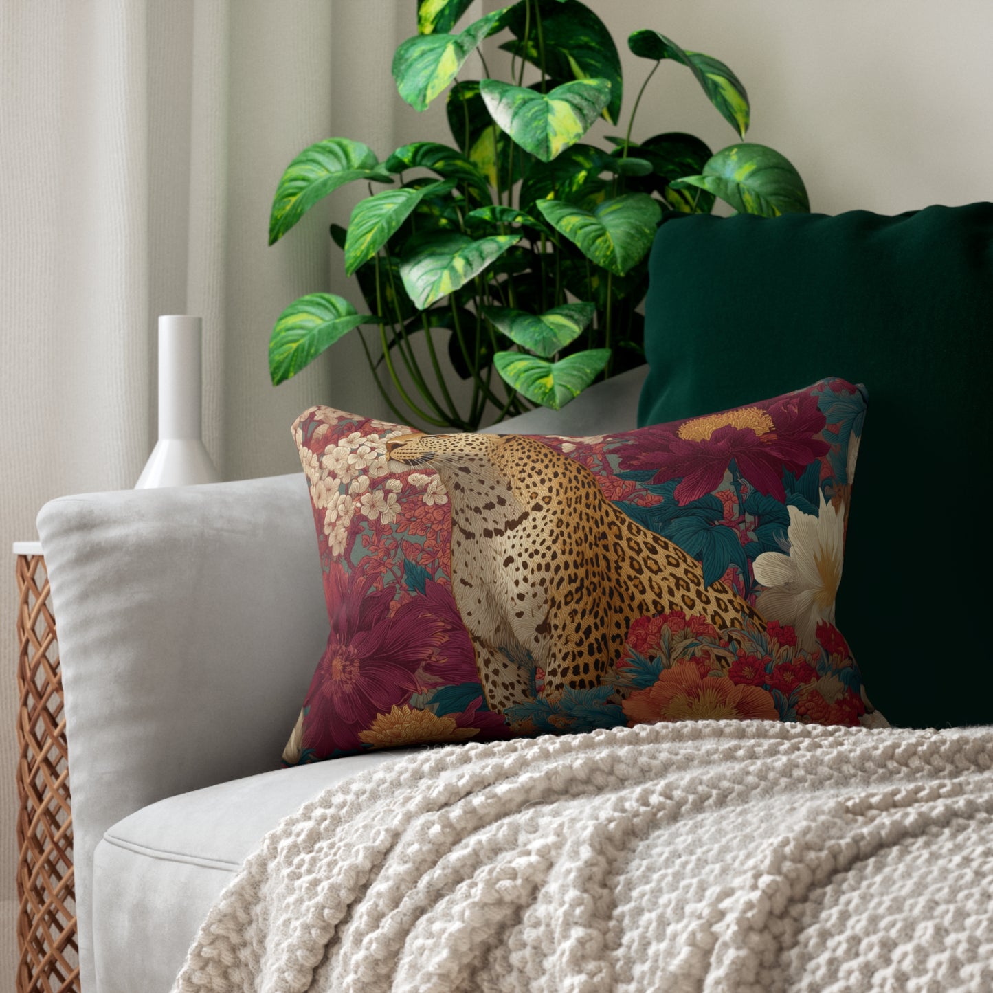 Floral Cheetah Lumbar Pillow, Botanical Jungle Cushion, Exotic Animal Home Decor Accent