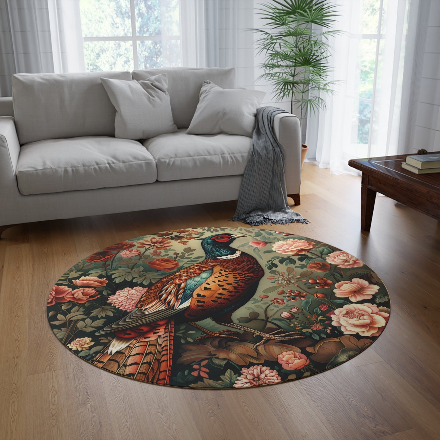 Pheasant Floral Garden, Art Deco Style Home Decor Round Area Rug, Living Room Fall Season Area Rug Decor