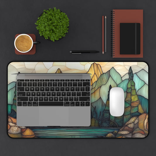 Mountain Forest Gaming Desk Mat, Stained Glass Nature Landscape Keyboard Mouse Pad, Gamer Accessories for Computer, Unique Gamer Gift,
