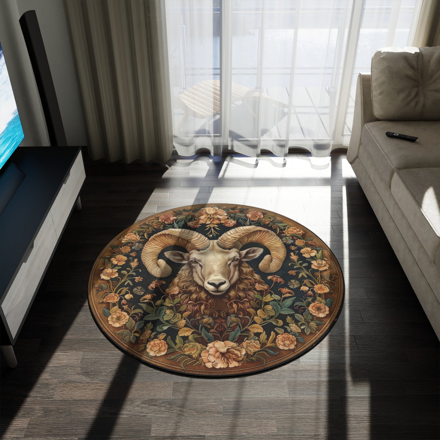 Botanical Ram Round Area Rug | William Morris Inspired Cottagecore Decor, Aries Zodiac Round Carpet