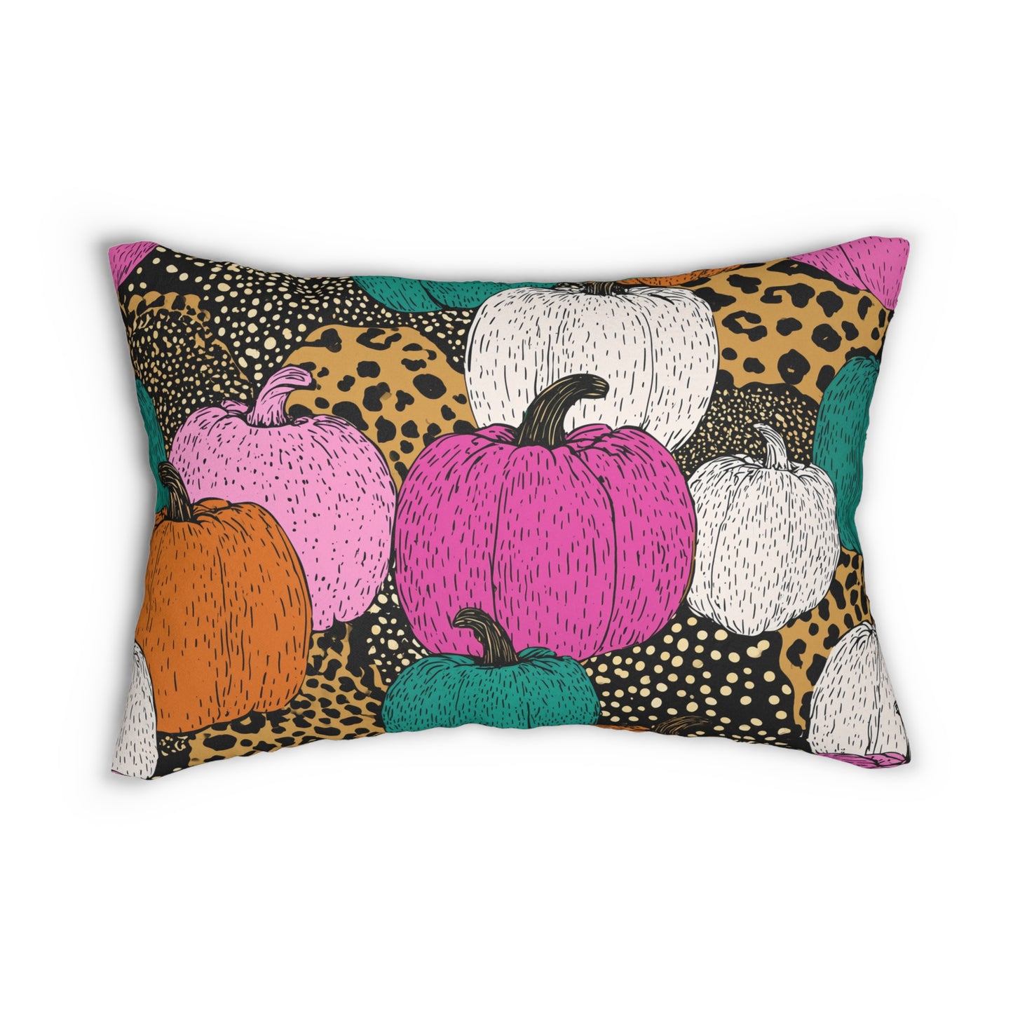 Colorful Pumpkin Lumbar Pillow, Leopard Print Fall Cushion, Halloween & Autumn Decorative Accent