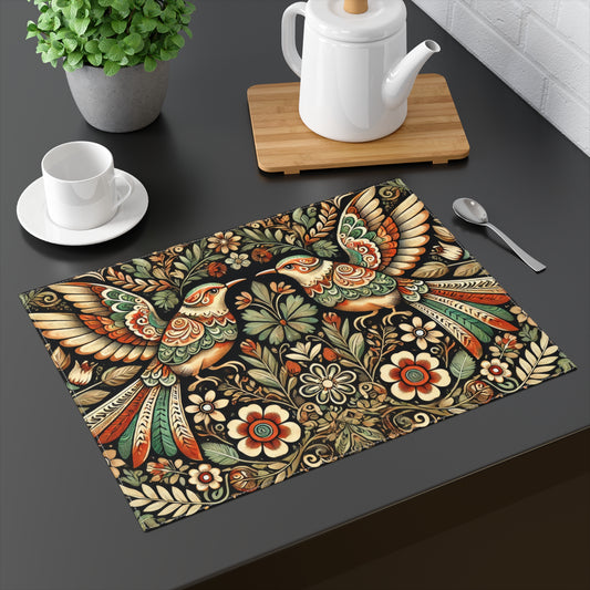 Folk Art Bird Placemat, Boho Vintage Floral Table Decor with Whimsical Nature Motif