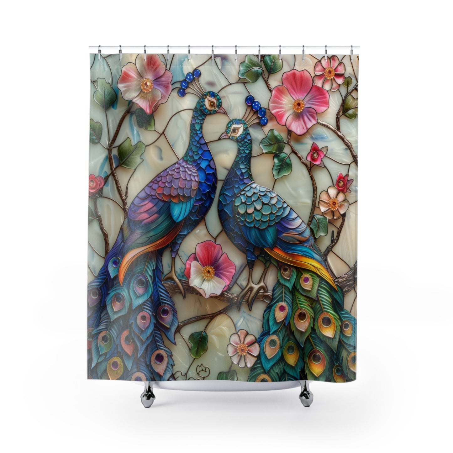 Stained Glass Peacocks Pink Flower Polyester Shower Curtain