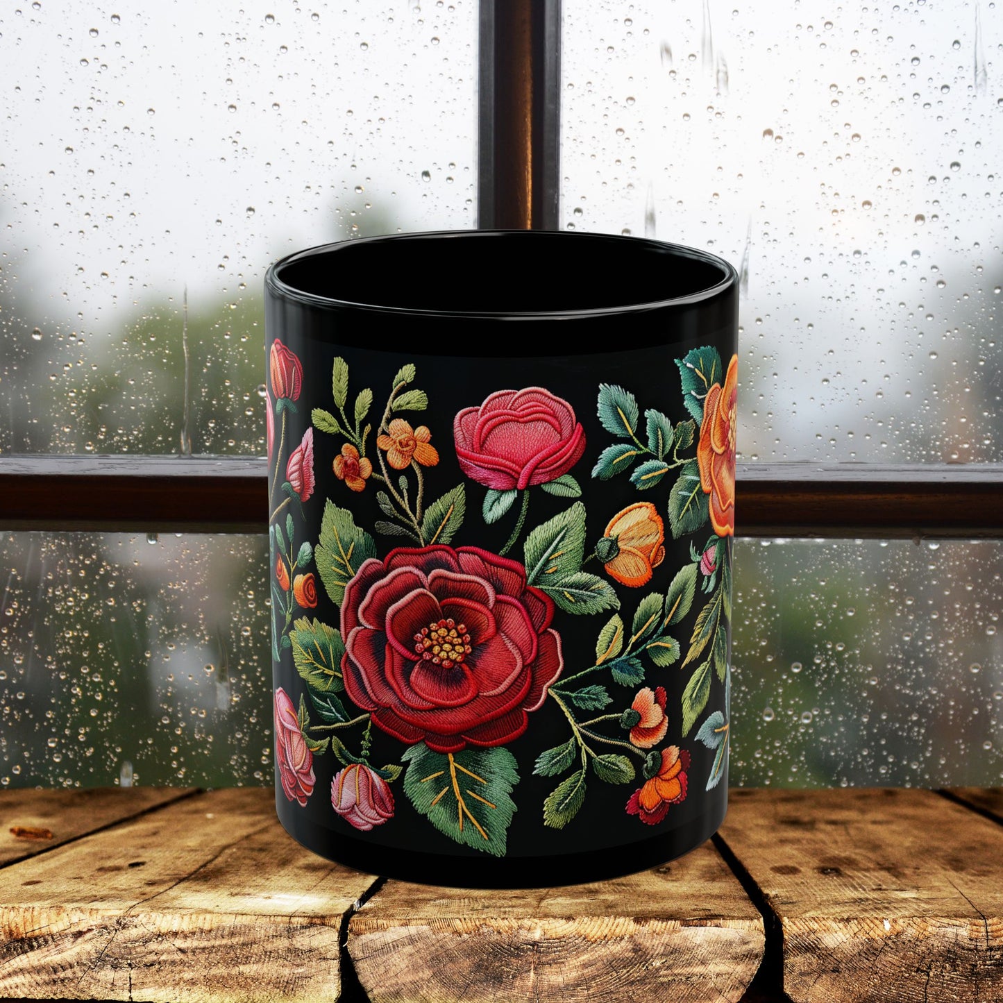 Vintage Roses Pattern Embroidery Black Mug 11oz / 15 oz