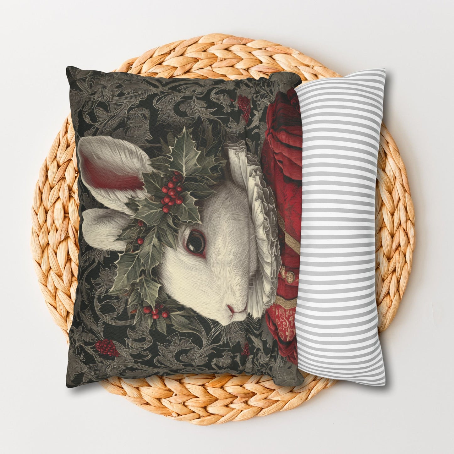 Pillowcase Christmas Rabbit Holiday Bunny, William Morris Inspired Festive Animal Throw Pillowcase