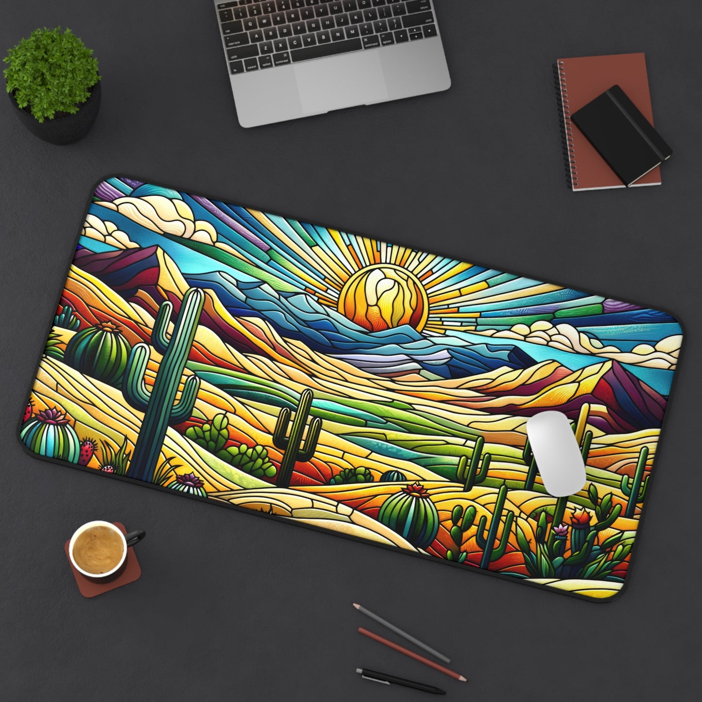 Cactus Desert Scene Stained Glass Design Desk Mat 2 Sizes | Gamer Keyboard Mouse Pad | Office Decor GiftDesk Mats