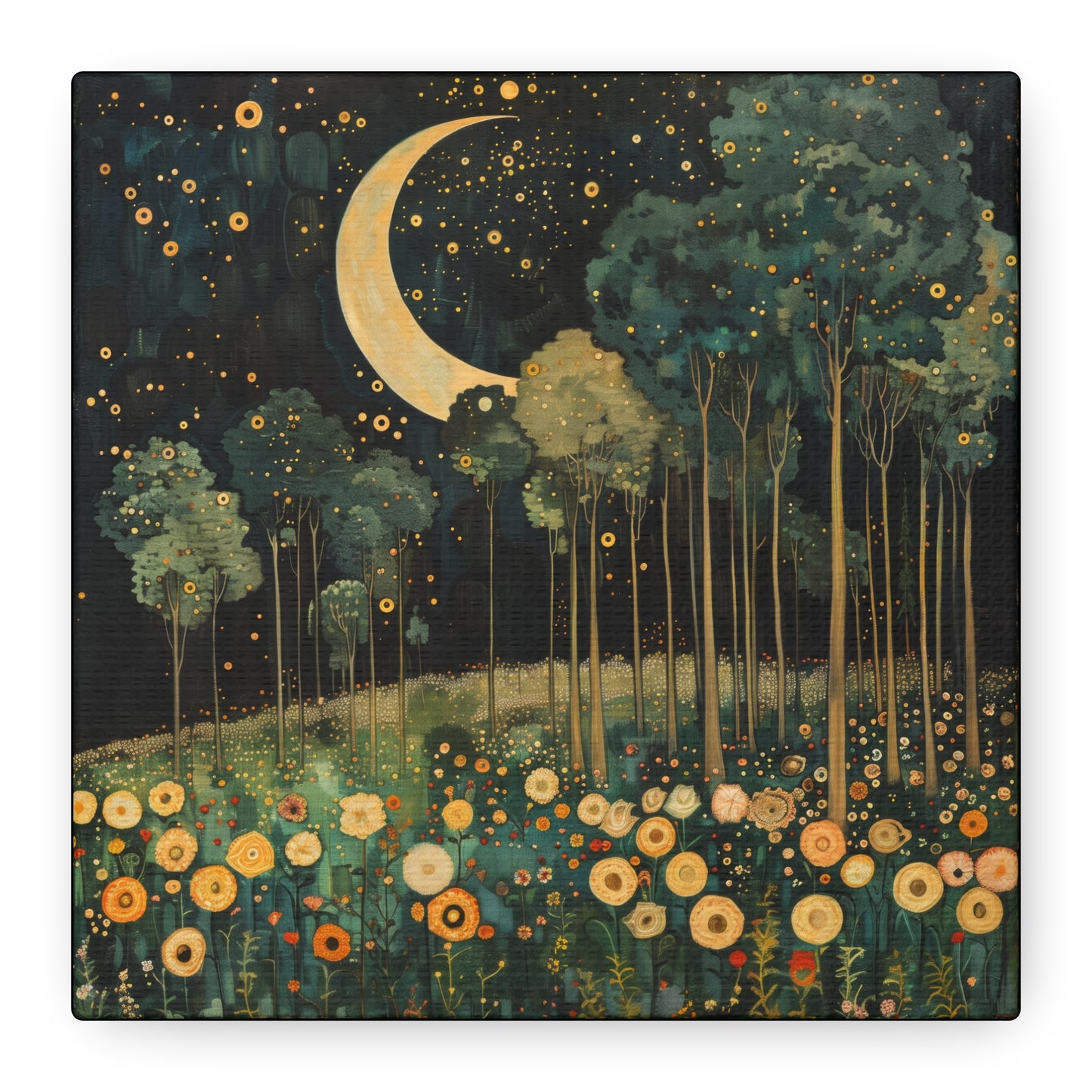 Moonlit Meadow Dreamscape | Matte Canvas Wall Art, Stretched, 1.25" | Starry Night Forest & Flowers Print