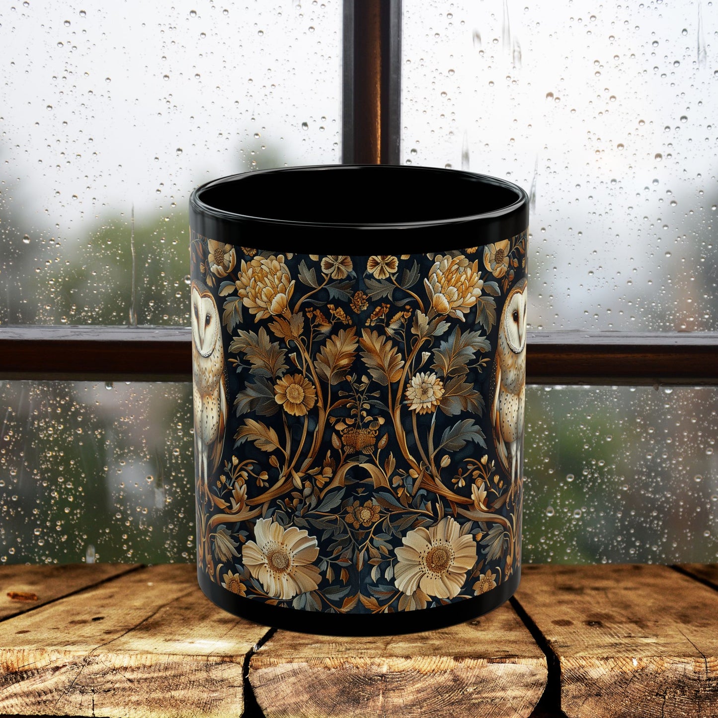 William Morris Inspired Botanical Barn Owl Black Coffee Mug | Mystical Owl Black Mug 11oz, 15 oz