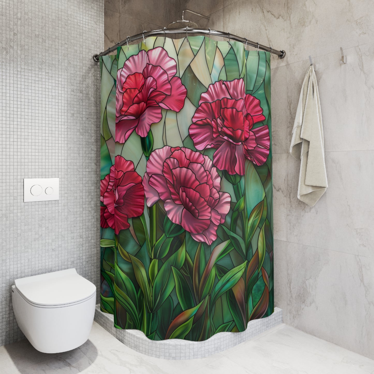 Faux Stained Glass Carnation Flowers Polyester Shower Curtain