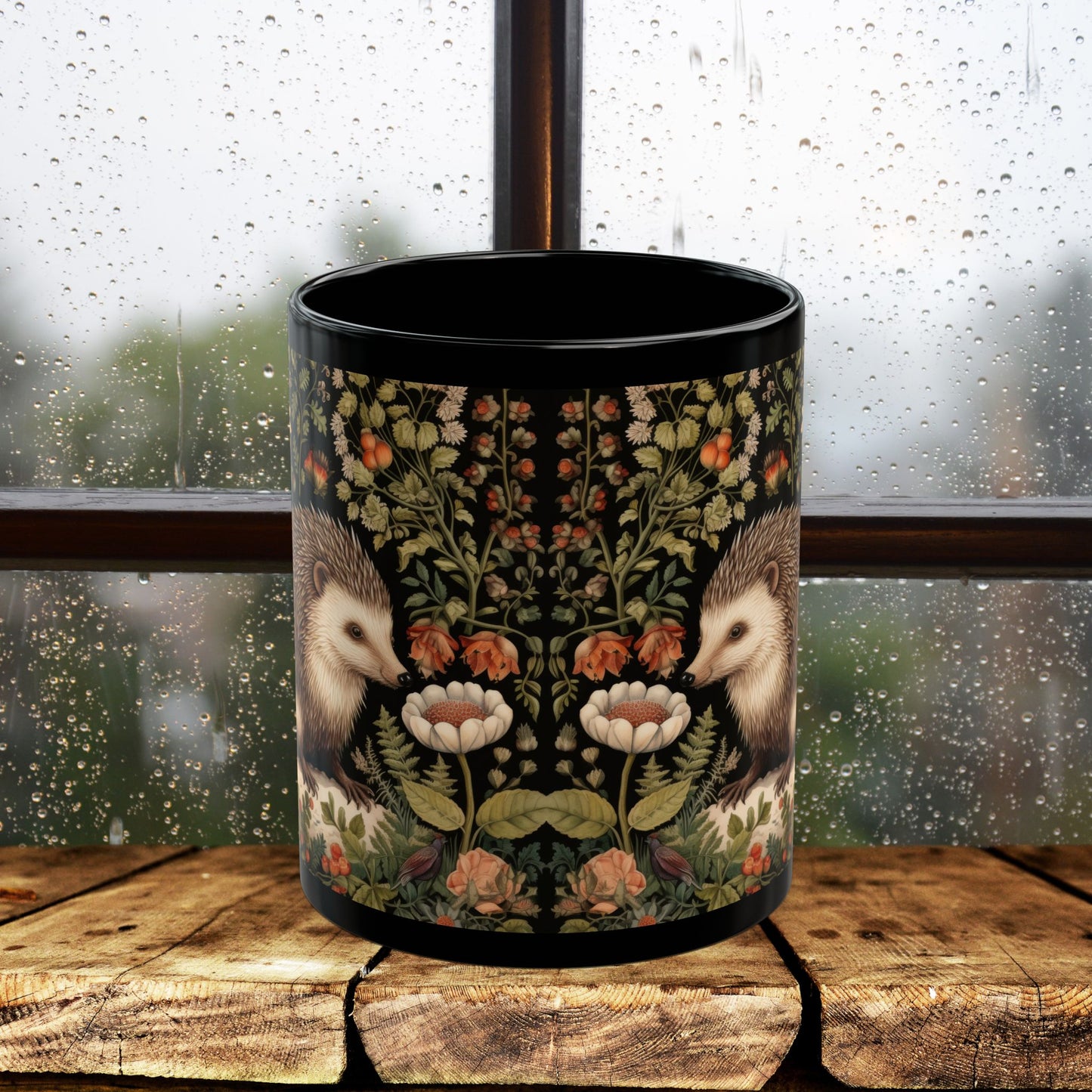 William Morris Inspired Botanical Hedgehog Black Coffee Mug For Her Him Ceramic Mug Black Mug 11oz, 15oz