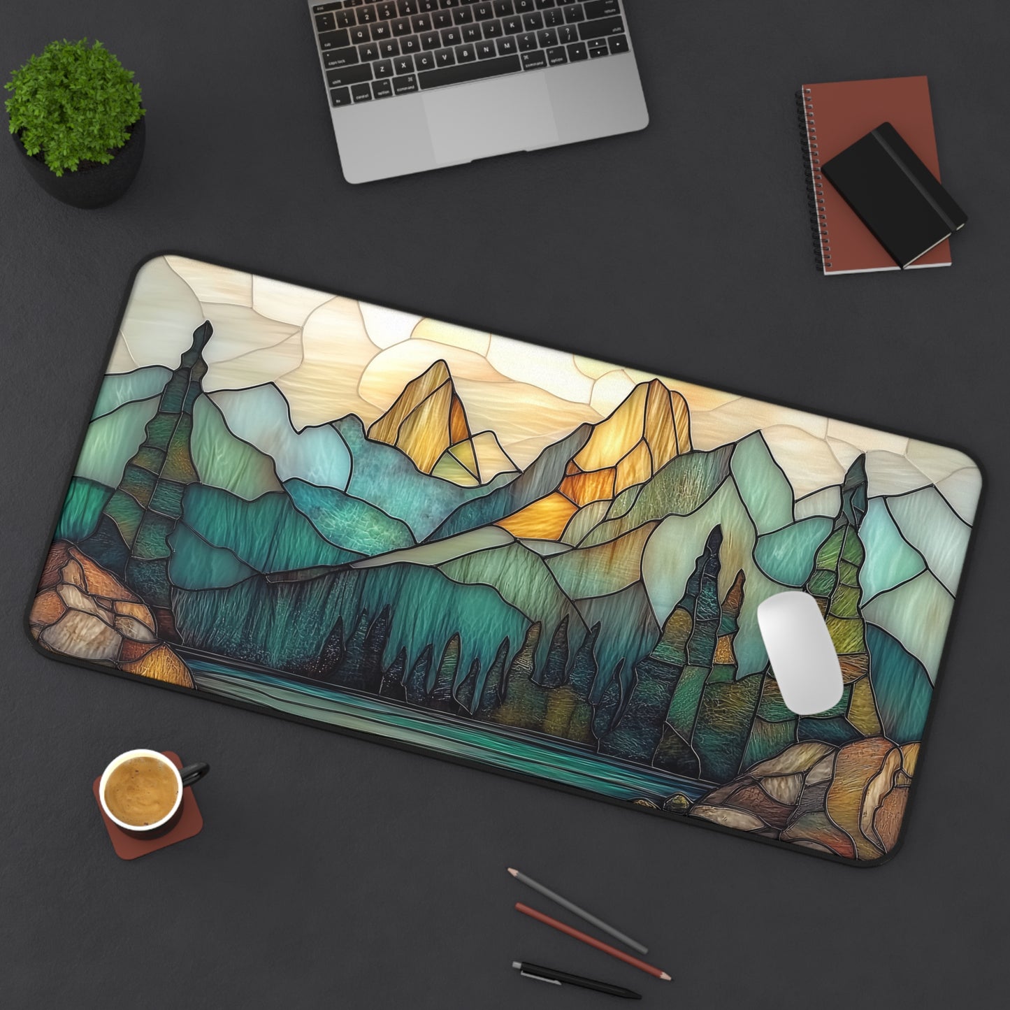 Mountain Forest Gaming Desk Mat, Stained Glass Nature Landscape Keyboard Mouse Pad, Gamer Accessories for Computer, Unique Gamer Gift,