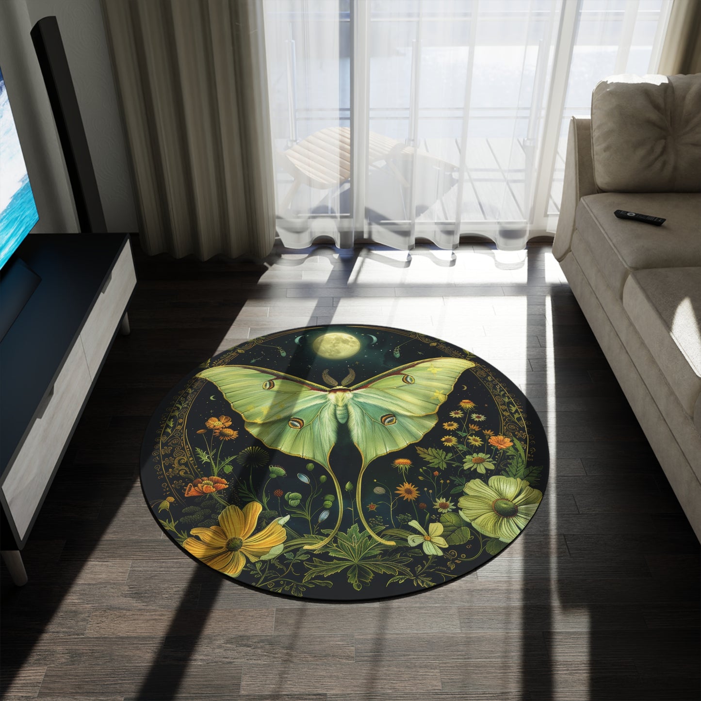 Botanical Luna Moth Moon Round Rug, William Morris Inspired Luna Moth Home Decor Round Area Rug