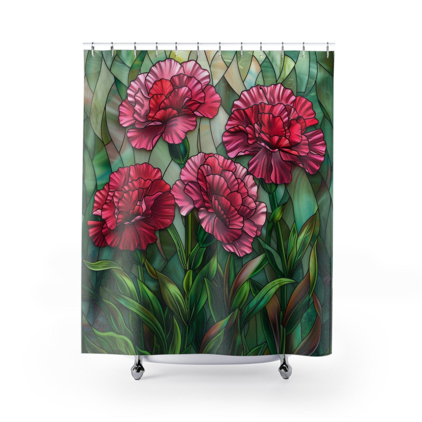 Faux Stained Glass Carnation Flowers Polyester Shower Curtain
