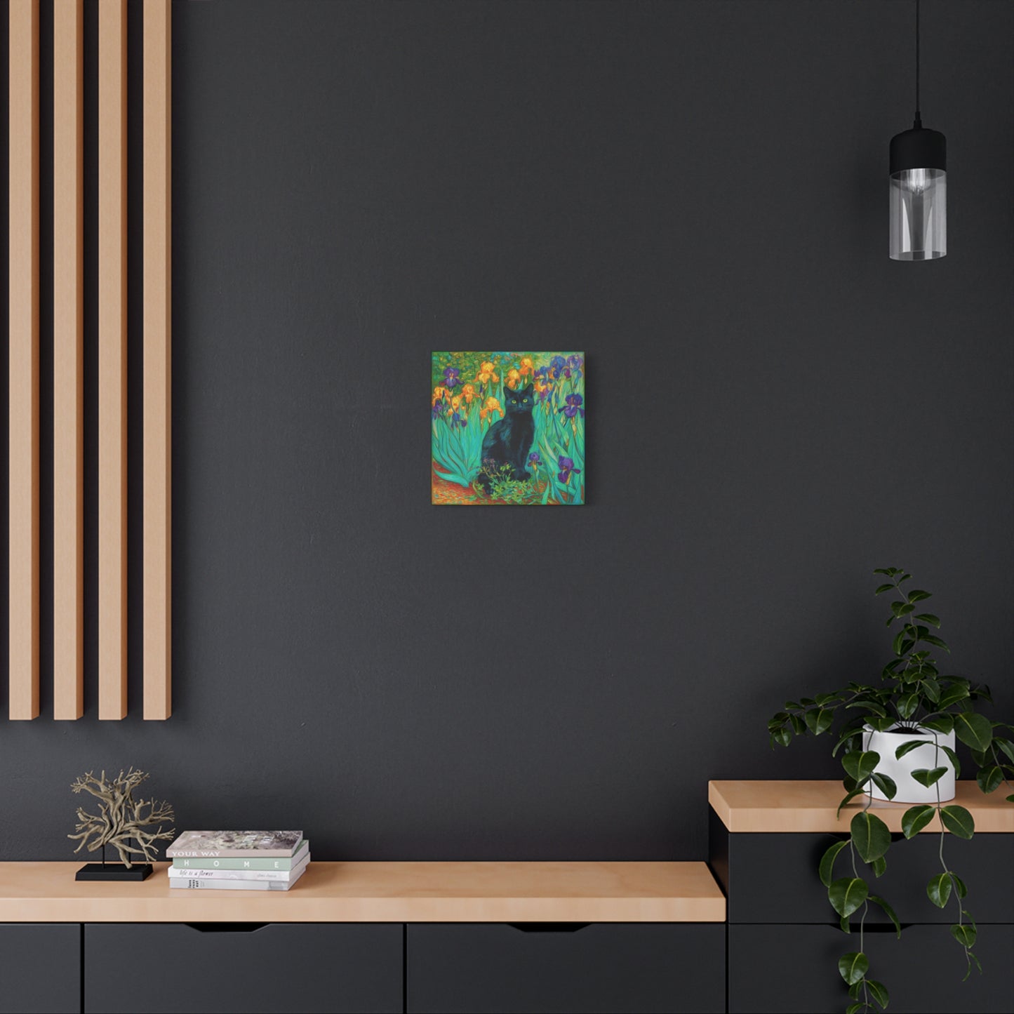 Black Cat Among Irises, Vibrant Floral Canvas Wall Art, Matte Stretched Canvas 1.25"