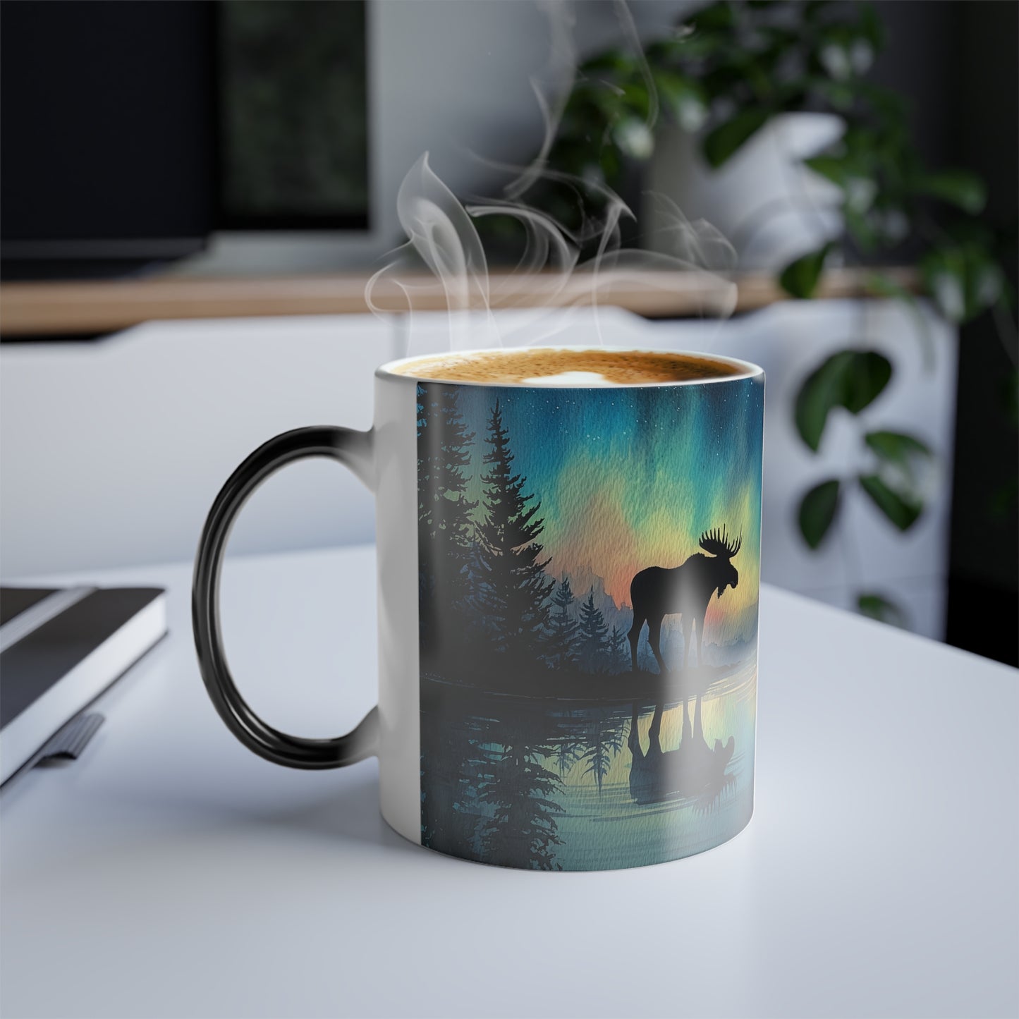 Northern Lights Moose Color-Changing Mug, Watercolor Art Style, Heat Reveal Coffee Cup 11oz
