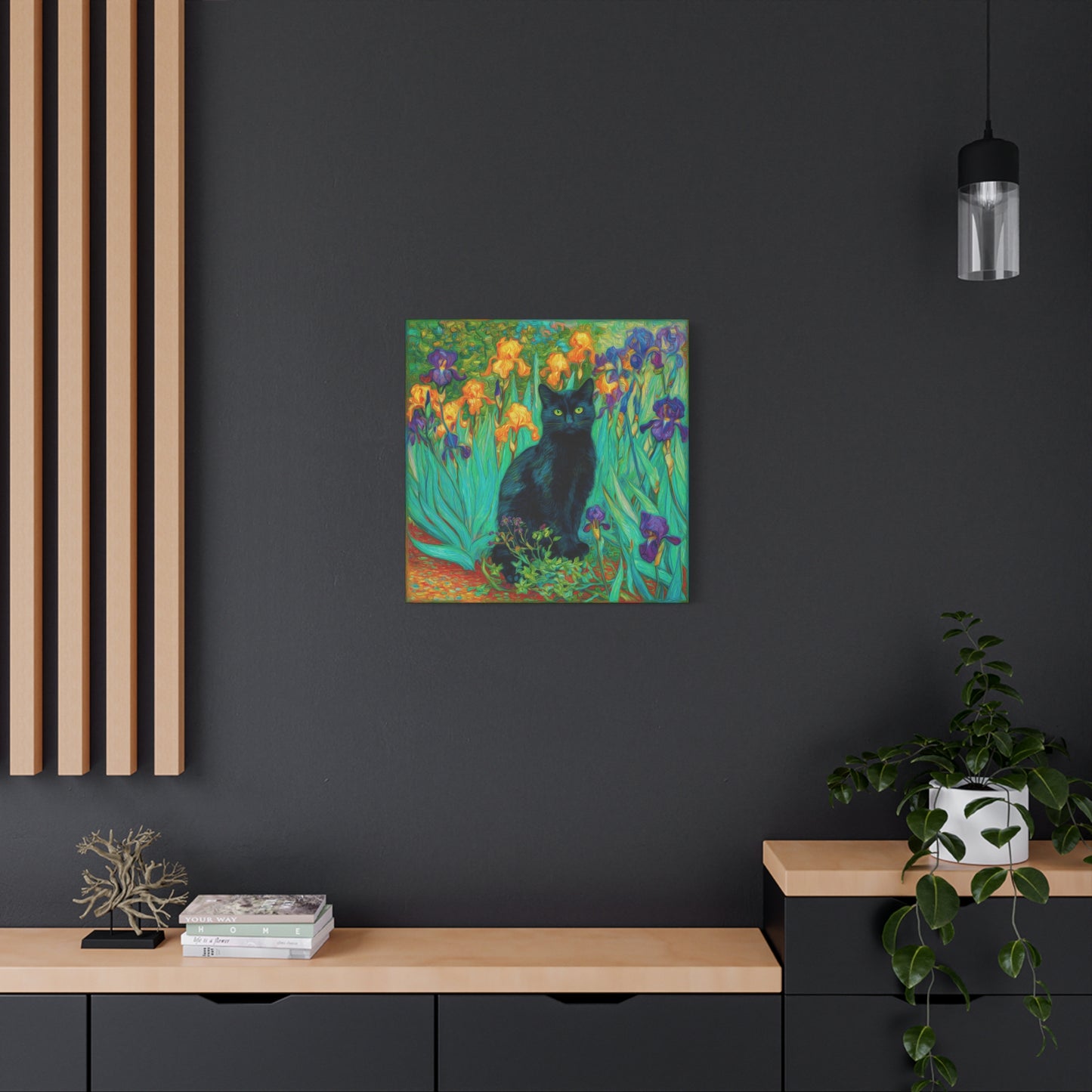 Black Cat Among Irises, Vibrant Floral Canvas Wall Art, Matte Stretched Canvas 1.25"