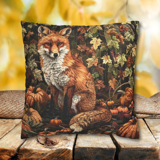 Fox in a Pumpkin Patch William Morris Inspired, Decorative Fall Pillow Decor, Spun Polyester Square Pillowcase
