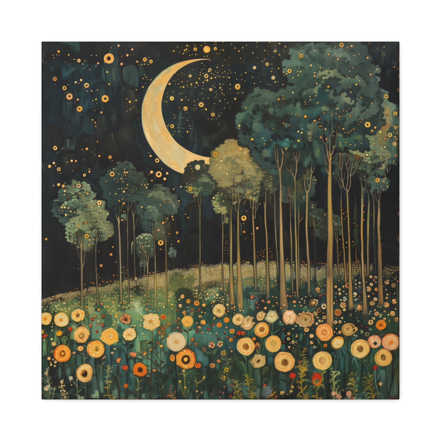 Moonlit Meadow Dreamscape | Matte Canvas Wall Art, Stretched, 1.25" | Starry Night Forest & Flowers Print