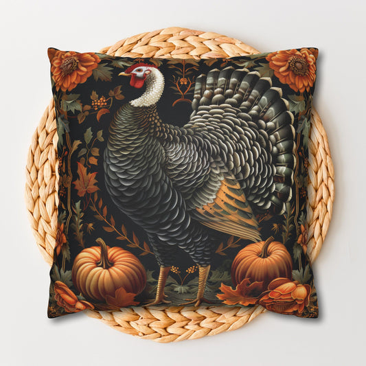 Thanksgiving Turkey Pillowcase, Autumn Harvest Cushion with Pumpkins & Flowers, Rustic Fall Farmhouse Decor