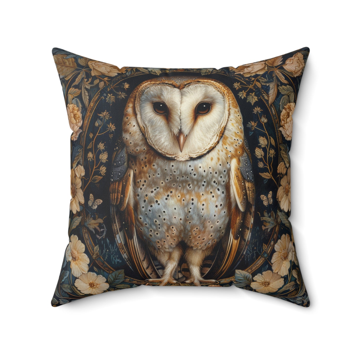 William Morris Inspired, Barn Owl Forest Floral Art, Decorative Spun Polyester Square Pillow