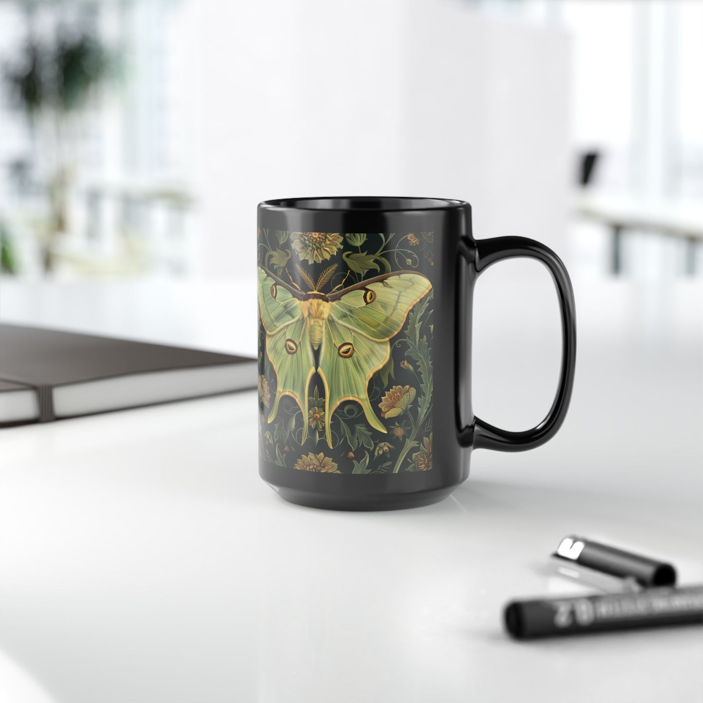 Woodland Luna Moth William Morris Inspired Black Coffee Mug For Her Him Ceramic Mug Black Mug 11oz, 15oz