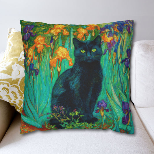 Black Cat Irises Pillowcase ,Van Gogh Inspired Floral Cushion, Artistic Cat Lovers Gift, Colorful Home Decor
