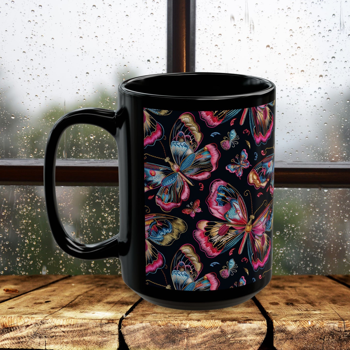 Pink Blue Butterfly Pattern Black Coffee Mug | Gift for Bird Lover Coffee Mug 11oz, 15oz