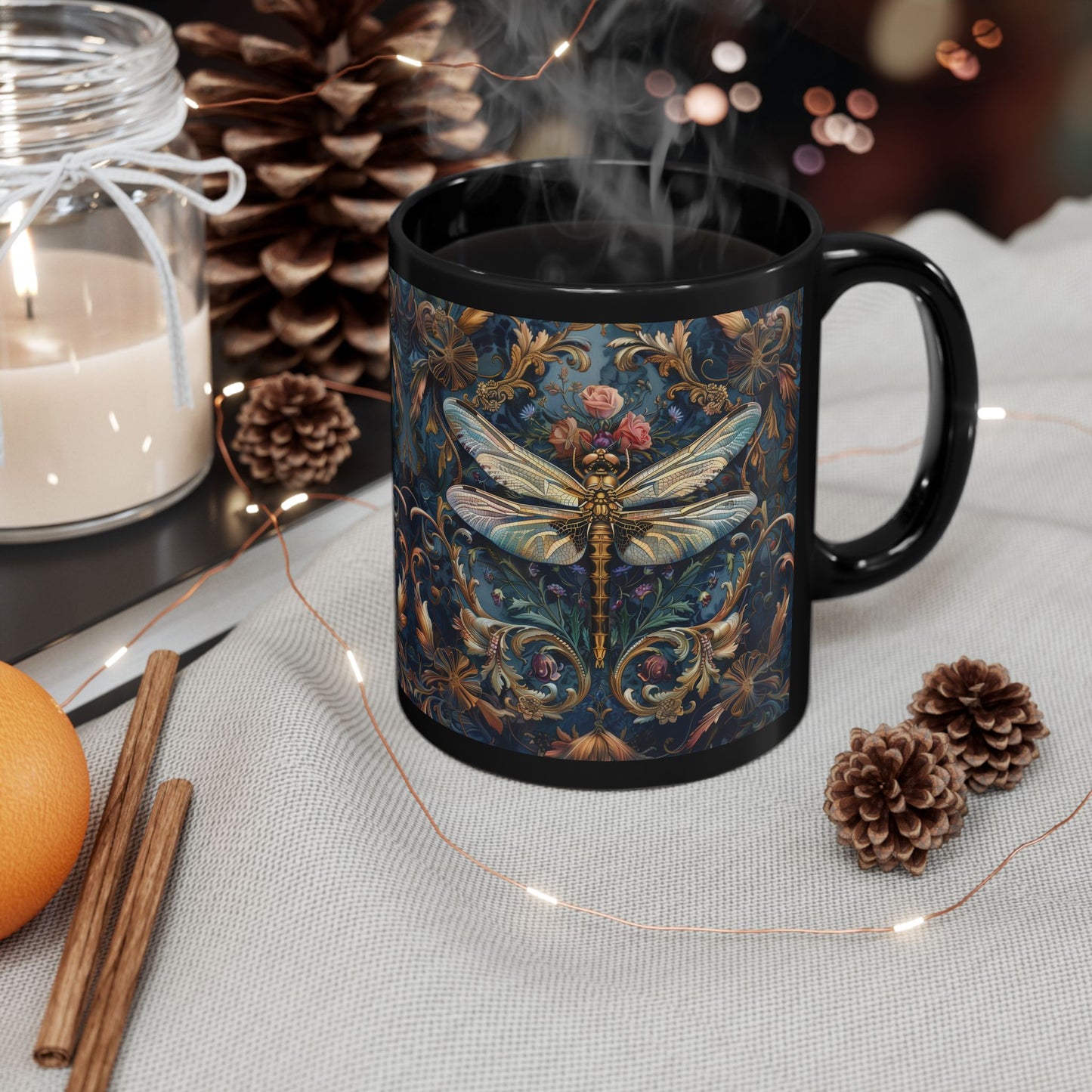 Dragonfly Indigo Ornate William Morris Inspired | Cottage-core Mug 11oz, 15oz