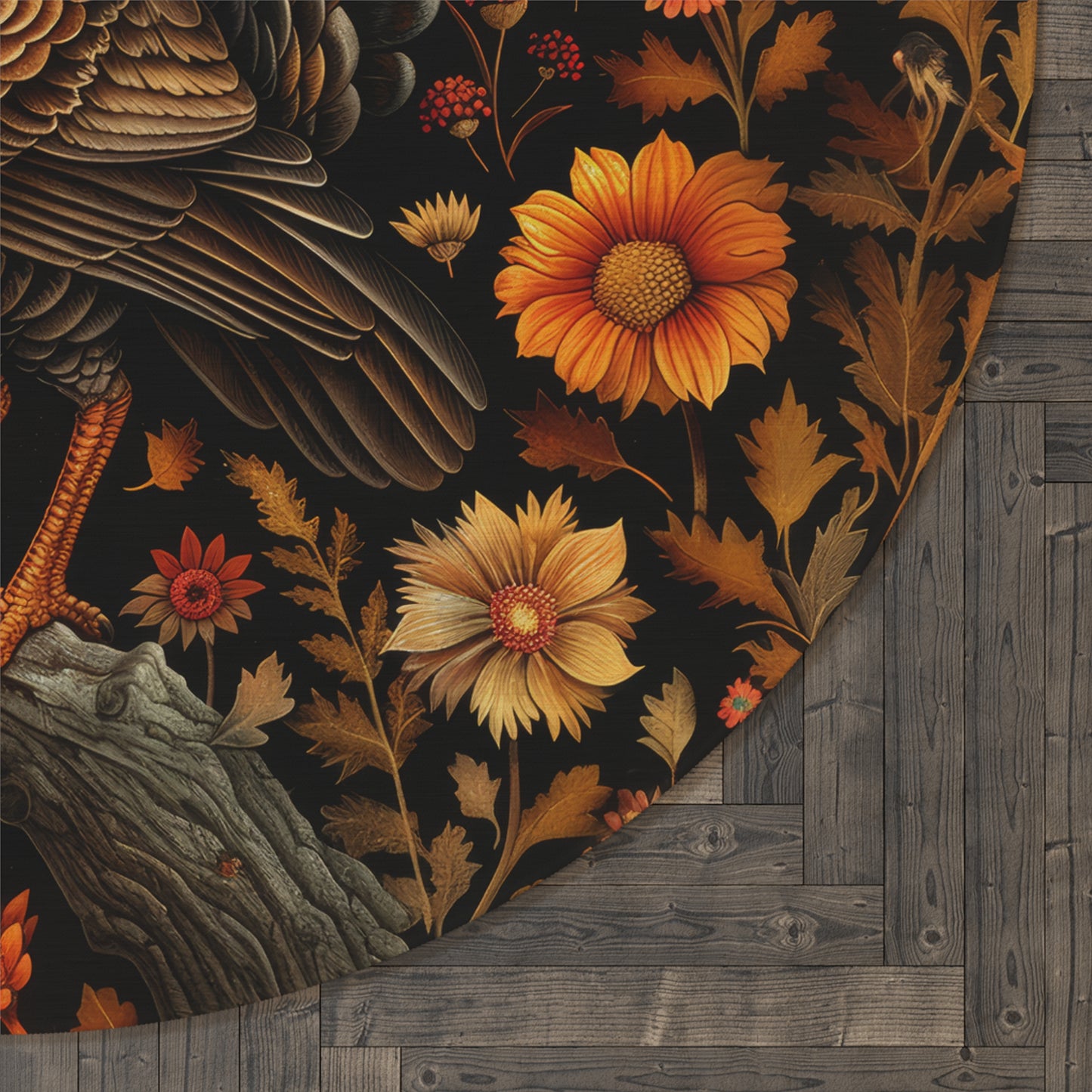 Fall Autumn William Morris Inspired Round Rug, Turkey Botanical Design, Home Decor Accent, Circular Area Mat, Thanksgiving Day Gift