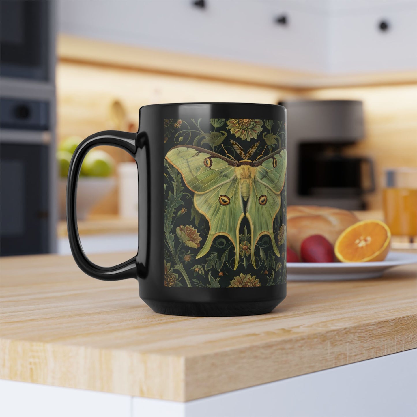 Woodland Luna Moth William Morris Inspired Black Coffee Mug For Her Him Ceramic Mug Black Mug 11oz, 15oz