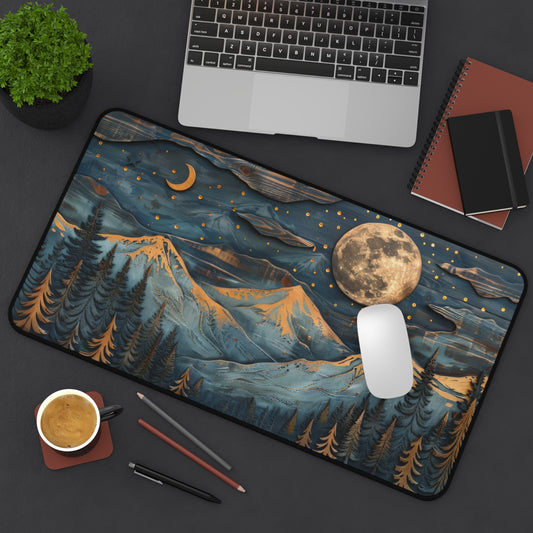 Desk Mat, Wooden Mountain Pine Trees Black Mug, Full Moon Carved Wood Art Style, Mountain Lover Gift, Work Desk Decor, Office Desk