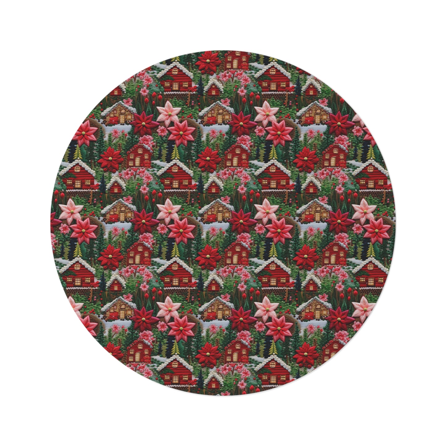 Christmas Cottage Embroidery Seamless Pattern Round Area Rug, Housewarming Gift
